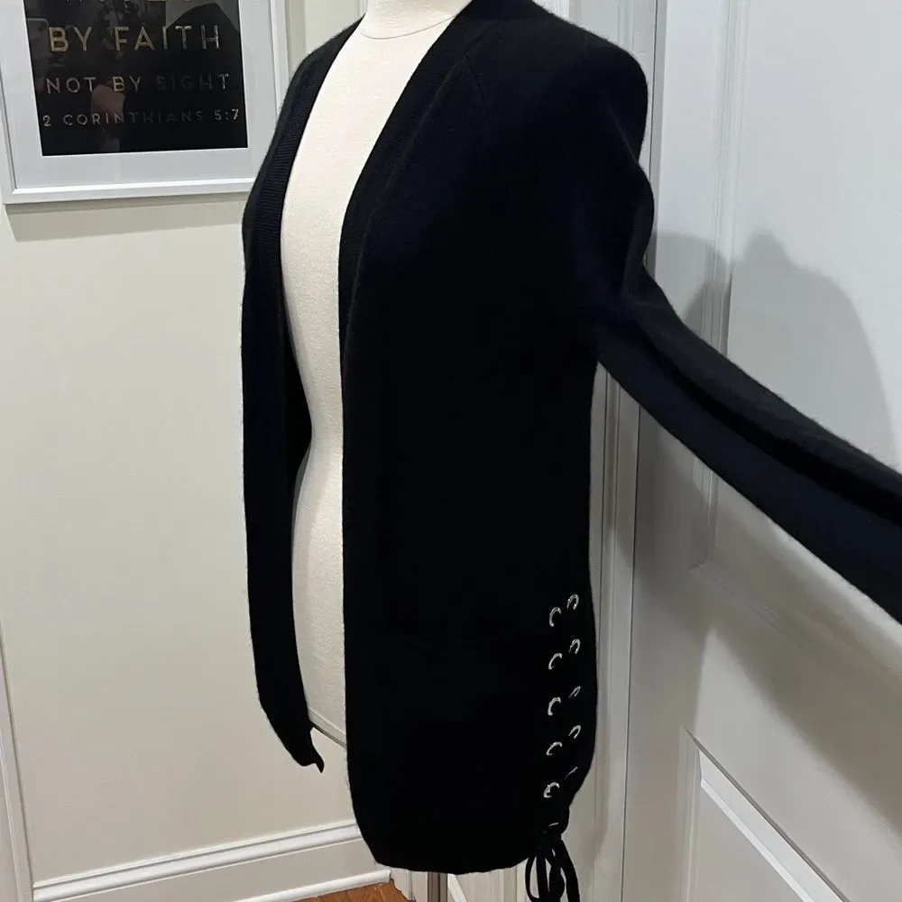 Aqua Cashmere Sweater Cardigan w/‎ Pockets Women's Size XS Black Side lace up - Picture 3 of 16